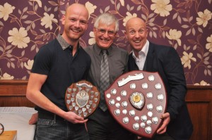 Mark Richards, derek Lusher and Liam Gentry with the Baracchi Trophies